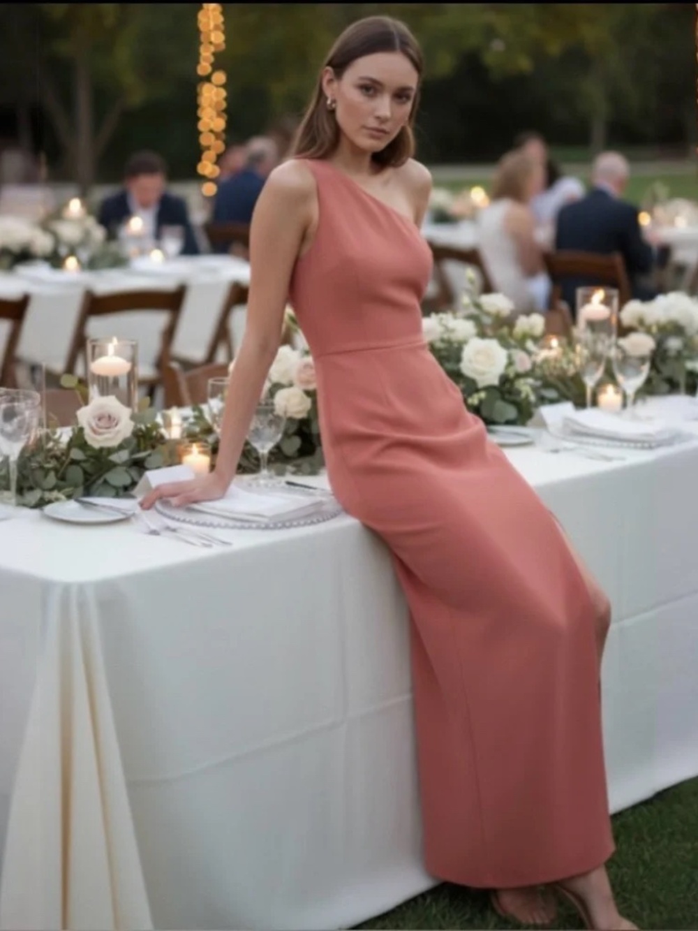 NWT WAYF The Lenore One Shoulder Column Dress Peony Pink Peach High Slit Gown